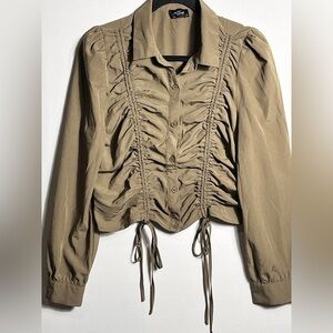 Milk & Honey Olive Green Srunch Long Sleeve Ruched Shirt Large